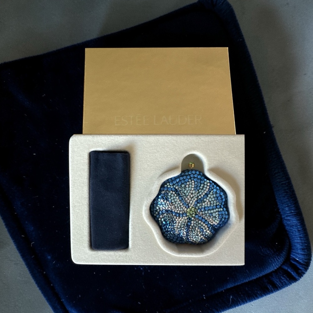 Estée Lauder Jay Strongwater Lucidity Compact Blue Swarovski Crystals Engraved